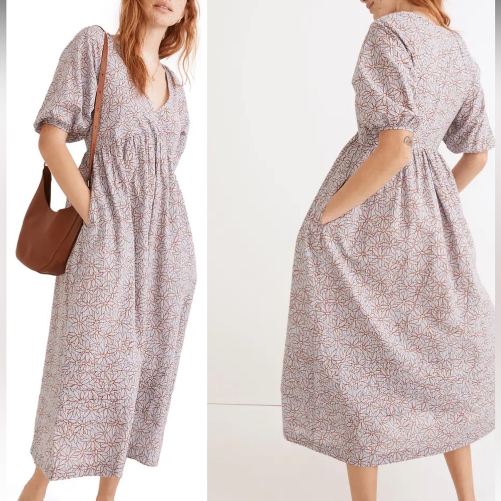 Madewell Marianna Puff-Sleeve Midi Dress in Dream-On Daisies NWT